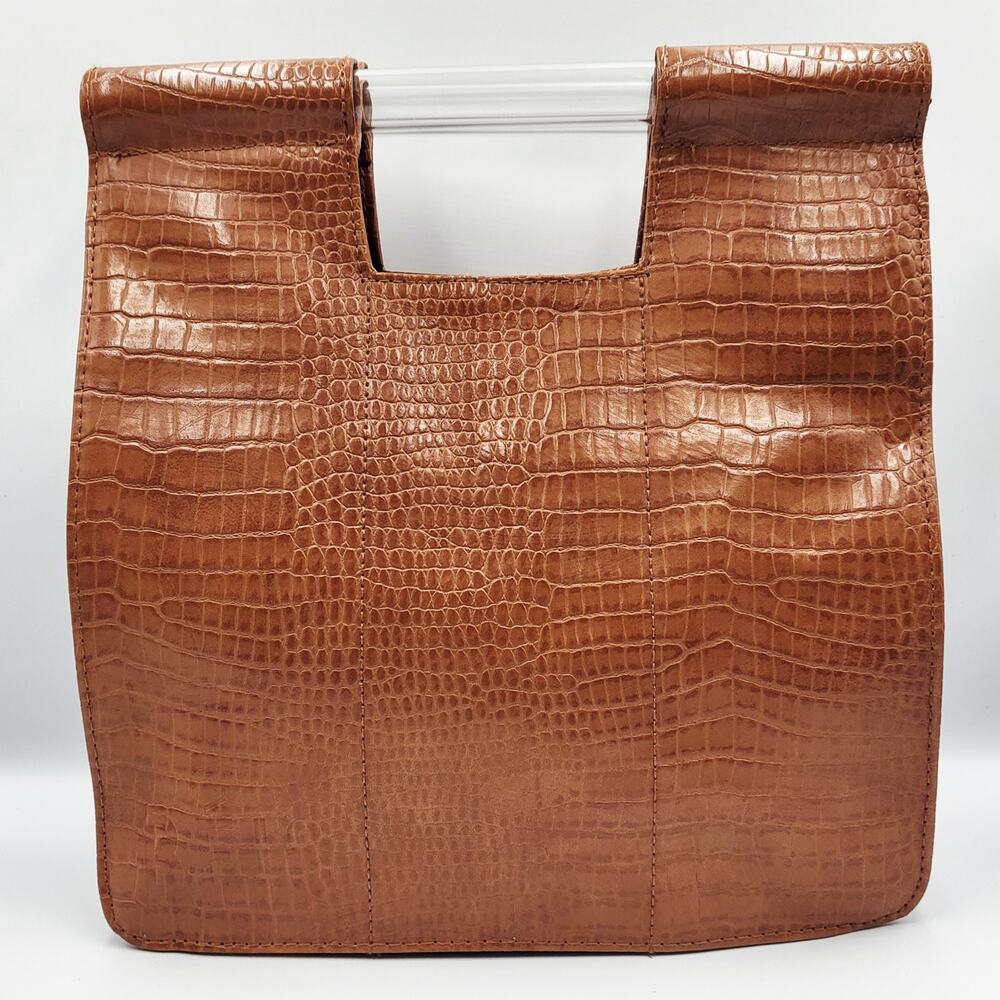 BÉIS The Crossbody Handbag Cognac Brown Faux Croc Clear Handles Trolly Opening